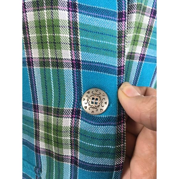 Southern‎ Lady Top Shacket Womens 8 Flannel Button Down Teal Blue & Green Plaid - Picture 9 of 15